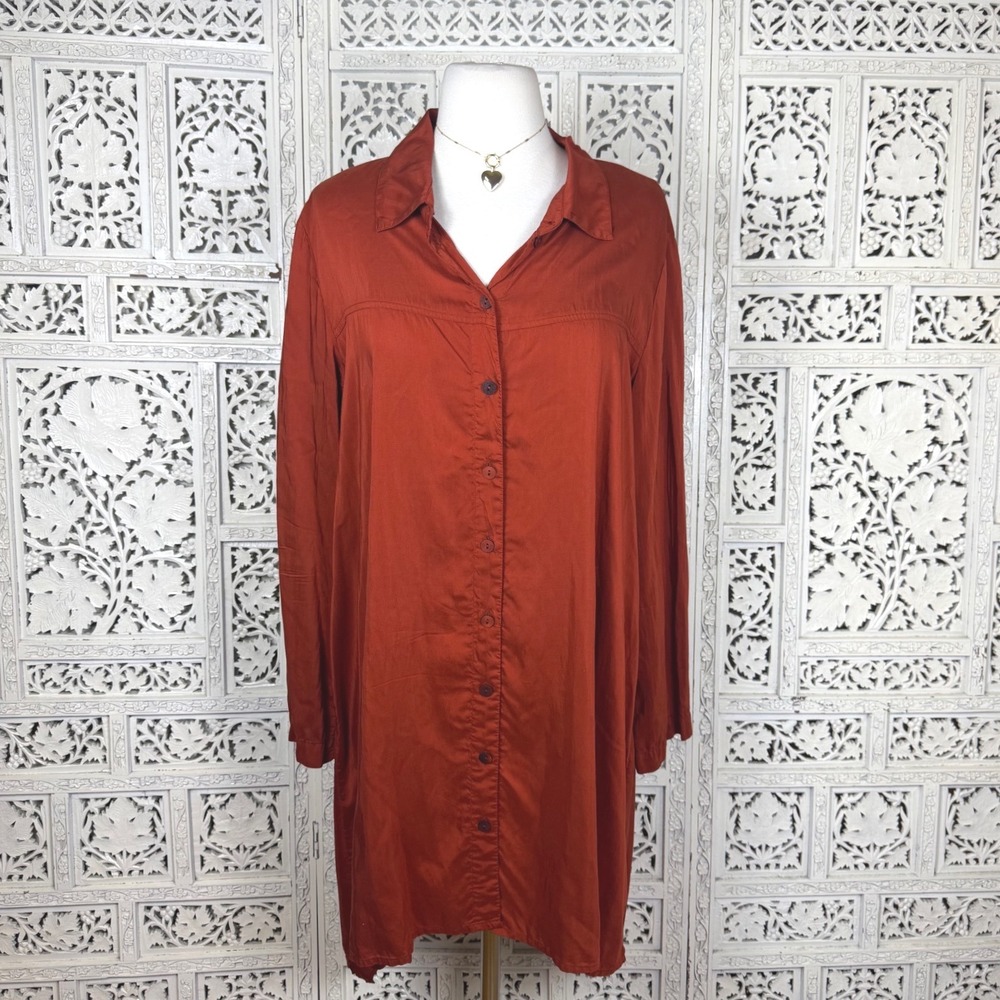 Grizas Burnt Orange Bamboo Silk‎ Button Up Dress Medium Long Sleeve Capsule Chic